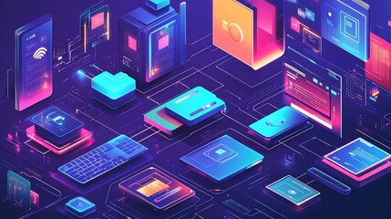 Wall Mural - Futuristic Digital Ecosystem: A vibrant isometric illustration showcasing interconnected devices and interfaces, representing the modern digital world's complexity and connectivity.