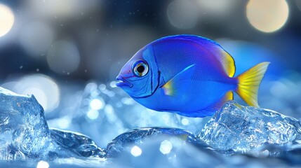 Canvas Print - Vibrant blue fish swimming near ice.