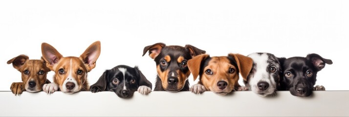 Group of Cute Dogs Peeking with Paws and Eyes Over White Web Banner. Funny and Adorable Signs of Dogs Hand and Paw