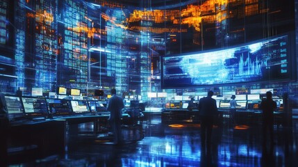 Wall Mural - futuristic control room with analysts monitoring data streams on large screens.