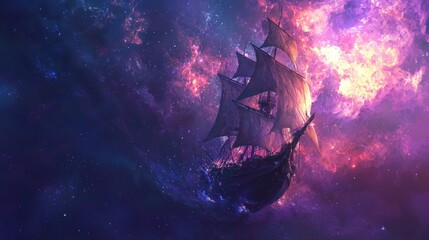 Canvas Print - A majestic sailing ship glides through a vibrant, cosmic nebula.