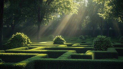 Wall Mural - A beautiful maze surrounded by lush greenery and sunlight filtering through the trees.
