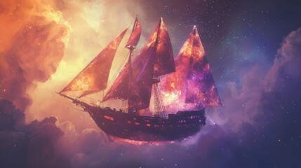 Poster - Cosmic sailing ship in nebula clouds.