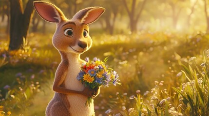 Wall Mural - Cute kangaroo holding wildflowers in a sunny field.