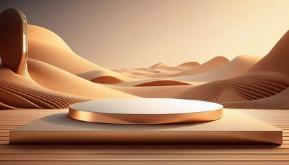 Canvas Print - futuristic luxury stand in beige color backdrop desert background ai generative