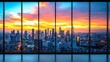 Stunning sunset cityscape view from panoramic window.