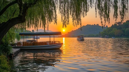 Poster - Serene sunset over calm lake with boat docked under weeping willow tree.