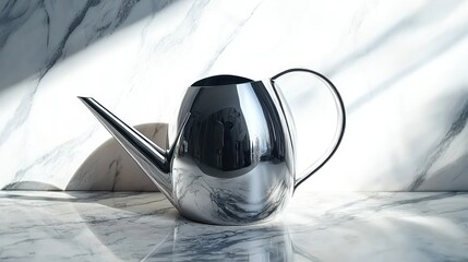 Poster - Sleek metallic watering can on marble.