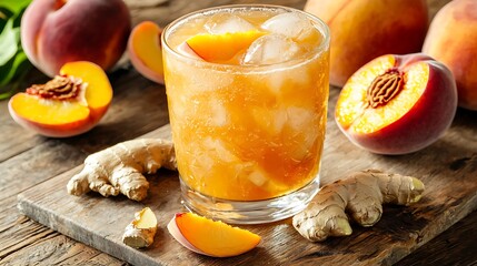 Wall Mural - Iced peach ginger drink with fresh peaches and ginger on rustic wood