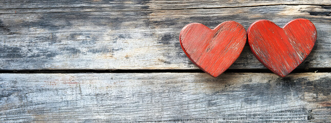 Two red wooden hearts on a rustic wood background