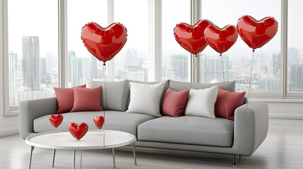 Canvas Print - Cozy living room decorated for Valentine's Day, featuring red heart-shaped balloons and a modern grey sofa by large windows