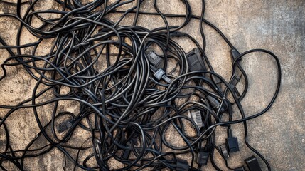 Tangled cable power cords creating a cluttered and disorganized mess on a workplace floor. Concept of electrical hazards, poor cable management, and office safety concerns