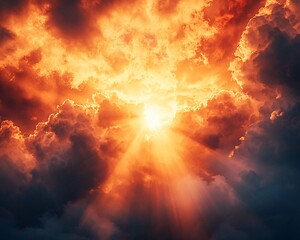 Sticker - Fiery sunset with sun rays bursting through dramatic clouds.