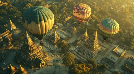 Canvas Print - Hot air balloons soar over ancient temples at sunrise. (7)