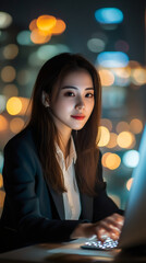 Canvas Print - Asian businesswoman using laptop computer working late at night in her office with city lights bokeh in the background