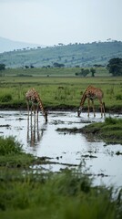 Sticker - Two giraffes drinking water from a muddy watering hole in a lush green savanna.