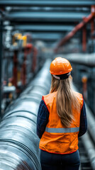 Aufkleber - Female engineer in safety vest and hard hat inspecting industrial pipeline, checking infrastructure during maintenance work