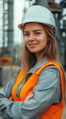 Aufkleber - Portrait of a young woman engineer wearing safety helmet and high-visibility vest, smiling with crossed arms in a power plant