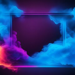 Abstract blue Neon light  3d Frame with Colorful Smoke Background