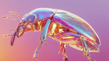 Wall Mural - Metallic iridescent beetle, close-up profile view against a pink and purple gradient background.