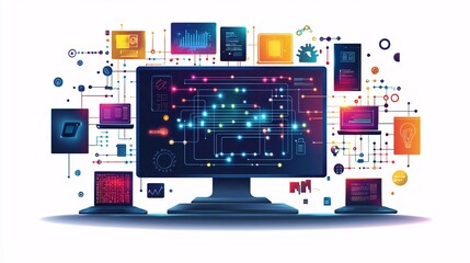 Vector design of IT business and internet-based software development, with digital icons and coding symbols on a simple white background.