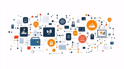 Vector design of IT business and internet-based software development, with digital icons and coding symbols on a simple white background.