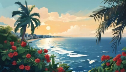 Wall Mural - Tropical sunset beach coastal city view.