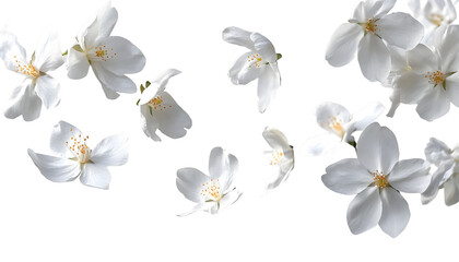 Wall Mural - flying white flowers isolated on transparent background cutout