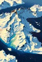 Wall Mural - Aerial view of snowy mountains and ocean.