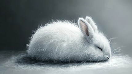 Fluffy white rabbit sleeping peacefully on a soft surface.