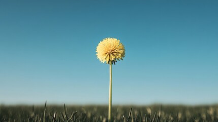 Wall Mural - Solitary dandelion in a field against a clear blue sky.