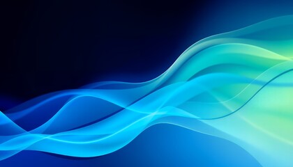 This dynamic abstract image showcases flowing, translucent blue and teal waves against a deep navy blue background