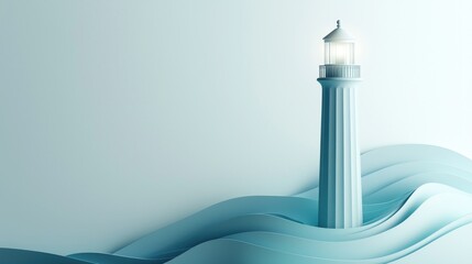 Canvas Print - Light blue lighthouse on stylized waves.