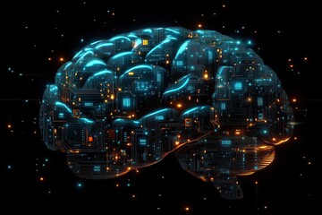 Wall Mural - human brain composed of intricate circuit board patterns, illuminated with a light blue and teal color palette against a stark black background, symbolizing the convergence of technology and thought