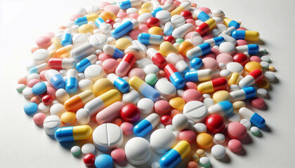 Wall Mural - Spilled pills showcasing multicolored tablets and glossy capsules in a balanced arrangement.