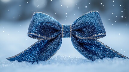 Wall Mural - Blue sparkly ribbon bow on snow, winter scene.