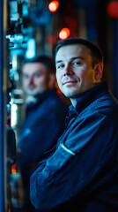 Aufkleber - Confident industrial worker standing with crossed arms, smiling in factory setting, coworker visible behind