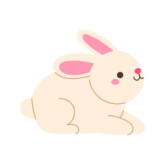 Wall Mural - a cute cartoon rabbit is sitting on the ground. the rabbit is white and pink, and it has a big smile
