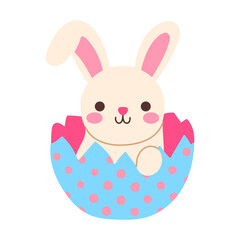 Wall Mural - a cute cartoon rabbit is sitting in an egg. the rabbit is smiling and has a pink nose. the egg is bl