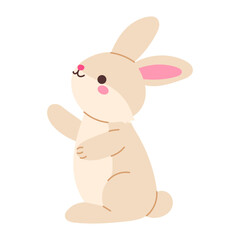 Wall Mural - a cute rabbit is standing on a white background. the rabbit is smiling and has its paw raised