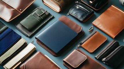 A collection of leather bound books and wallets