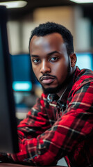 Poster - African American programmer concentrating on coding, working intently at desktop computer in contemporary office workspace