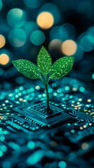 Fototapete - Small plant with green leaves growing from a microchip on a circuit board with bokeh lights in the background