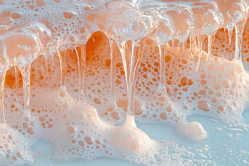 Wall Mural - A close-up of thawing ice at the edge of a lake, with glistening droplets and textures of water and earth showing through as the ice melts.