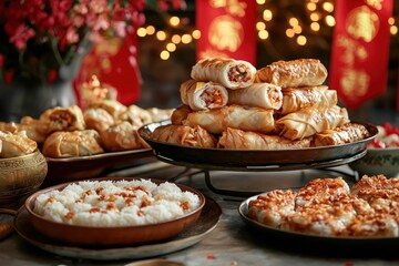 Chinese new year feast celebration festive dining table food photography cozy atmosphere close-up view culinary traditions