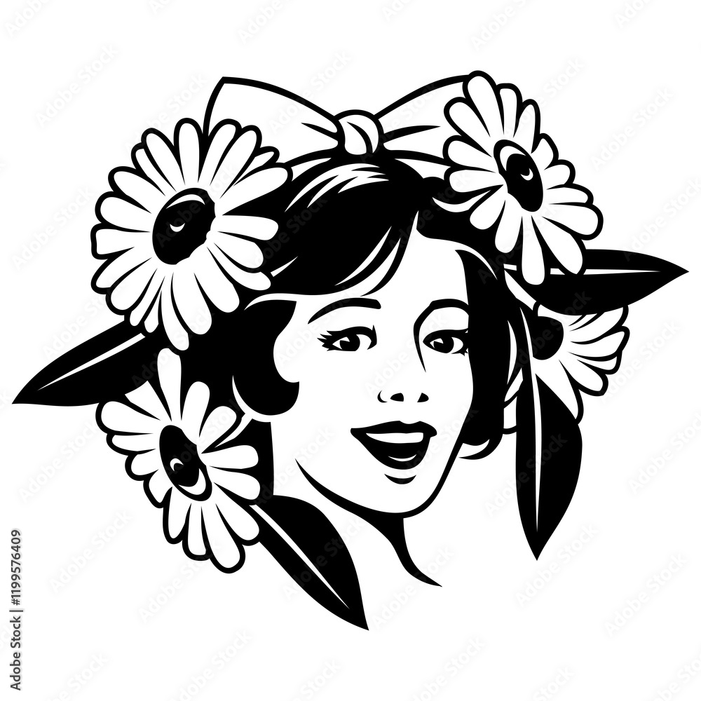 Ilustración de Stock Pretty Girl Face with Flowers and Leaves on Head ...