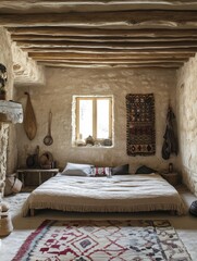 Canvas Print - Rustic bedroom with stone walls and wooden beams