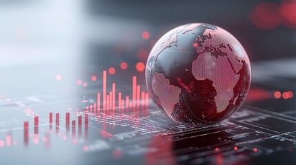 Wall Mural - globe icon featuring fragmented lines and bar graphs, representing global market competition on a clean white background
