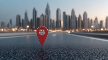 A 3D location pin shines on an asphalt road, lit by city lights, capturing the spirit of urban exploration at dusk