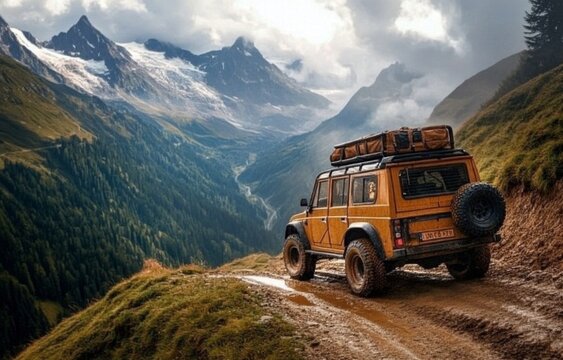 a sturdy 4x4 tackles the steep inclines of a mountain pass.